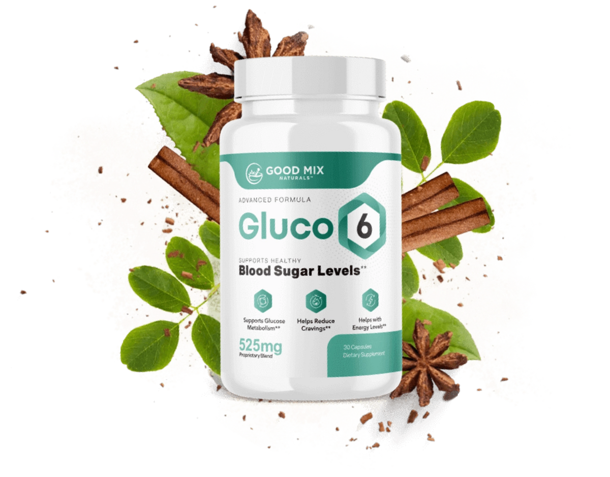 Gluco6 dietary supplement bottle with six featured ingredients
