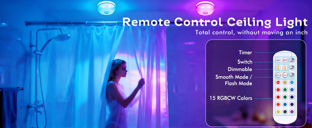 Waterproof Shower Light 15 Color Rechargeable LED with Remote Timer Wireless Magnetic Ceiling Light for Bathroom Shower Bedroom