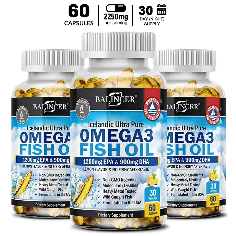 Fish Oil Omega 3 Contains EPA 1200mg & DHA 900mg - for Joints, Eyes, Cognitive Supplement, Non-GMO, Gluten Free