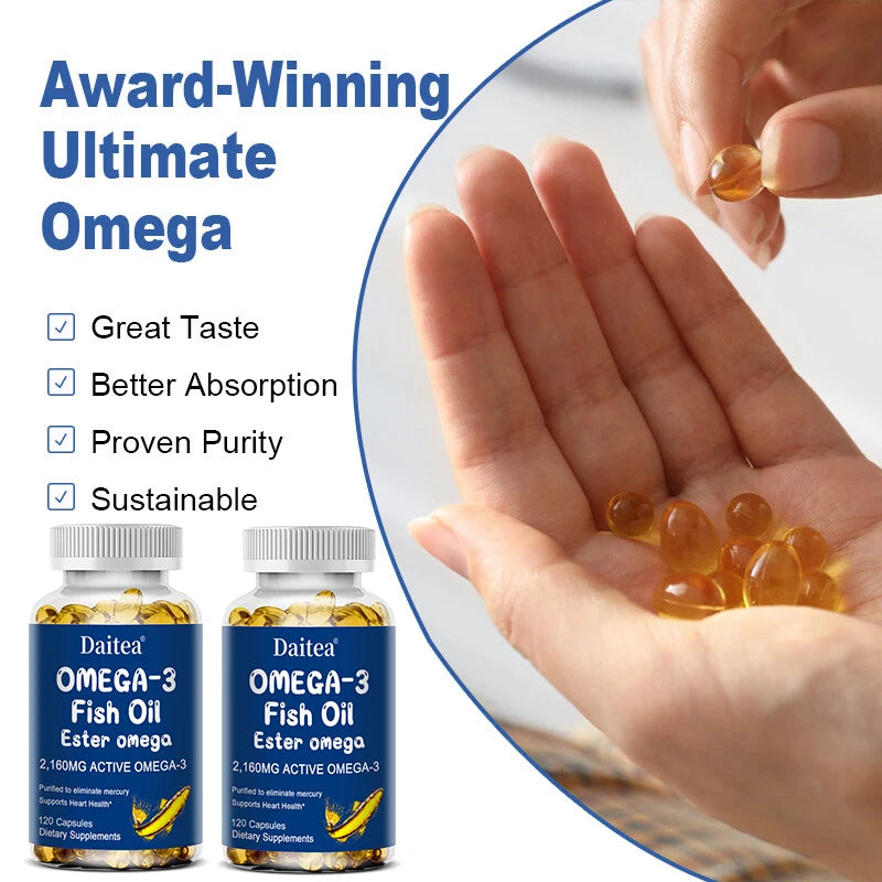 Omega 3 Fish Oil - with DHA & EPA - Supports Brain, Nervous System, Cardiovascular, Skin Health, Antioxidant - 120 Capsules