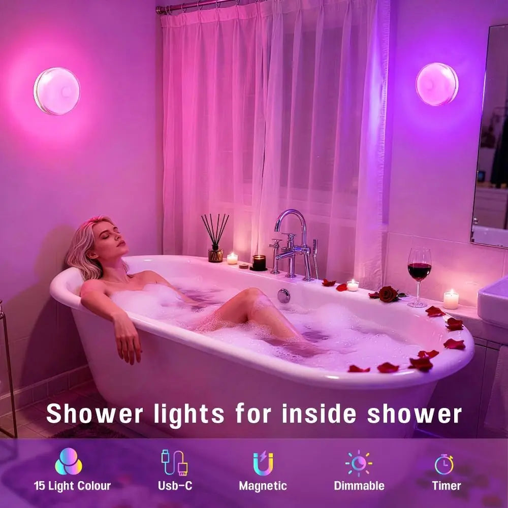Magnetic Charging Shower Light Wireless Magnetic IP Waterproof Mood Light Color Changing 15 RGBW Colors Night Light Shower