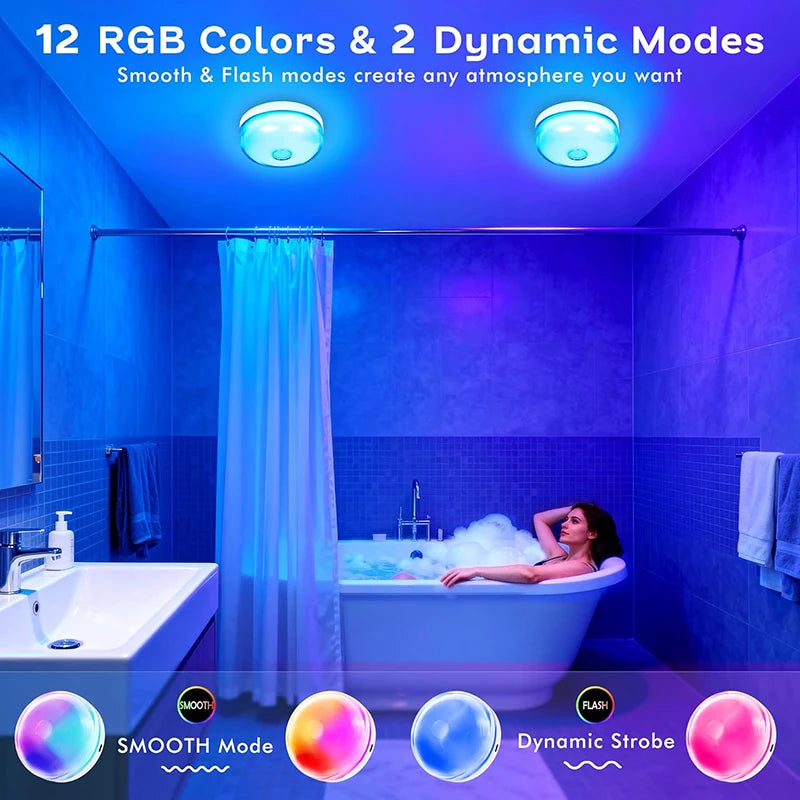 Waterproof Shower Light 15 Color Rechargeable LED with Remote Timer Wireless Magnetic Ceiling Light for Bathroom Shower Bedroom