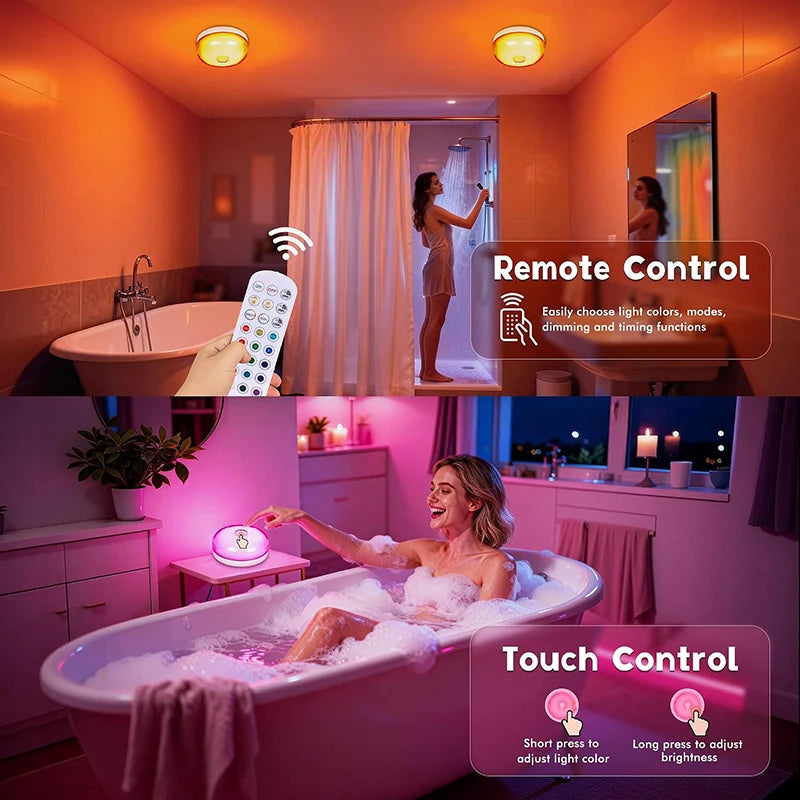 Waterproof Shower Light 15 Color Rechargeable LED with Remote Timer Wireless Magnetic Ceiling Light for Bathroom Shower Bedroom