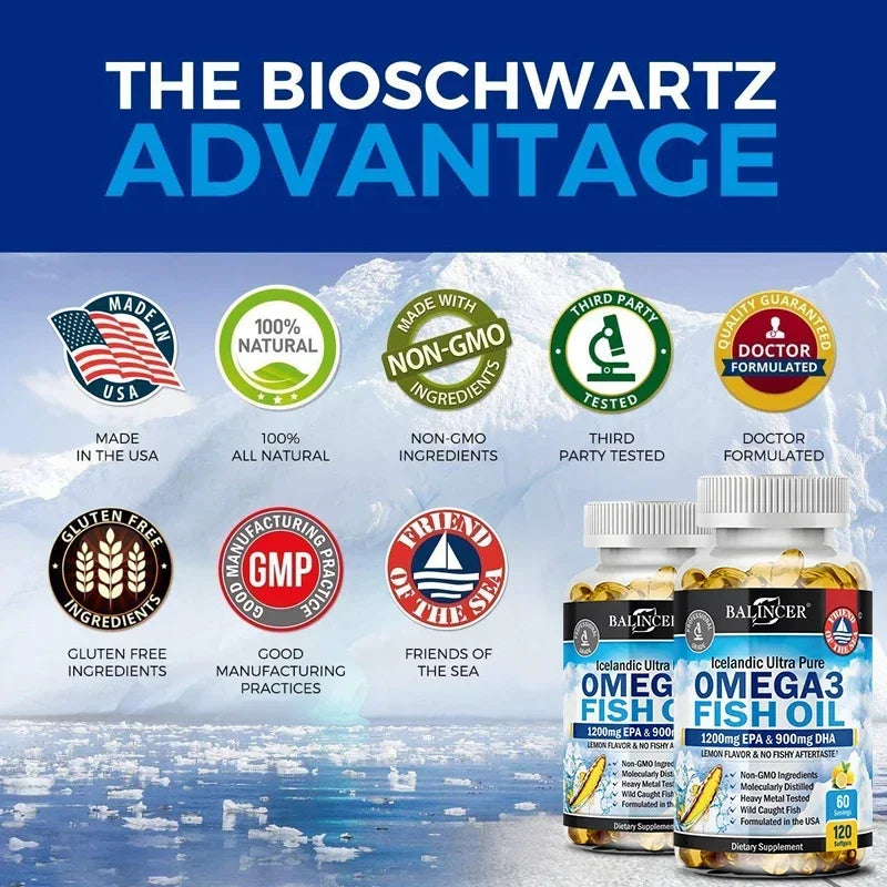 Fish Oil Omega 3 Contains EPA 1200mg & DHA 900mg - for Joints, Eyes, Cognitive Supplement, Non-GMO, Gluten Free