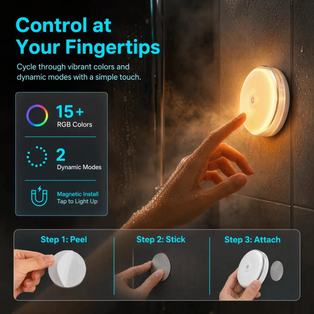 Magnetic Charging Shower Light Wireless Magnetic Color Changing Ambient Light IP Waterproof 15 RGBW Colors Mood Light Indoor