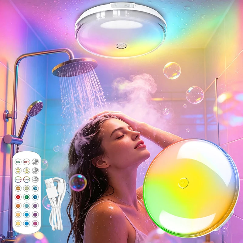 Waterproof Shower Light 15 Color Rechargeable LED with Remote Timer Wireless Magnetic Ceiling Light for Bathroom Shower Bedroom