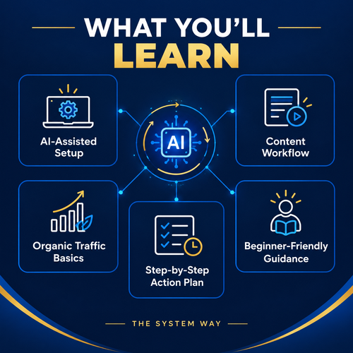 AI Freedom System learning topics including setup, content, organic traffic, and action planning